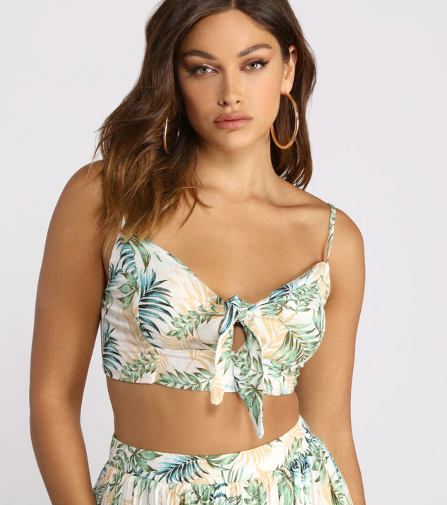 With fun and flirty details, Tropical Babe Tie Front Gauze Crop Top shows off your unique style for a trendy outfit for the summer season!