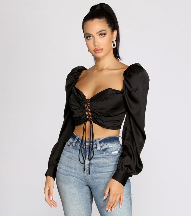 Dress up in Lace Up Peasant Cropped Blouse as your going-out dress for holiday parties, an outfit for NYE, party dress for a girls’ night out, or a going-out outfit for any seasonal event!