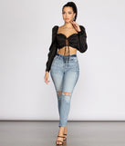 With fun and flirty details, Lace Up Peasant Cropped Blouse shows off your unique style for a trendy outfit for the summer season!