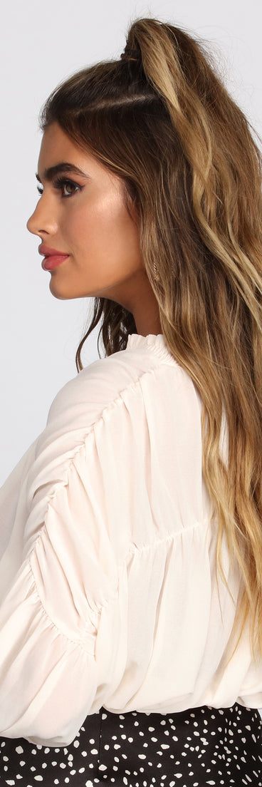 Ruched Bubble Sleeve Cropped Blouse