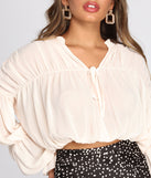 Ruched Bubble Sleeve Cropped Blouse