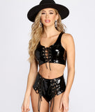 Bad Intentions Lace Up Latex Crop Top is a trendy pick to create 2023 festival outfits, festival dresses, outfits for concerts or raves, and complete your best party outfits!