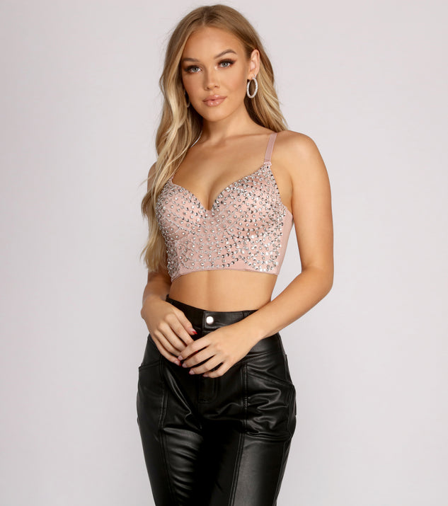 Sequin and Heat Stone Glamour Cropped Bustier helps create the best bachelorette party outfit or the bride's sultry bachelorette dress for a look that slays!