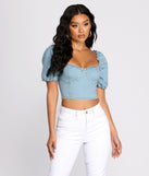 With fun and flirty details, Denim Puff Sleeve Crop Top shows off your unique style for a trendy outfit for the summer season!