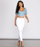 With fun and flirty details, Denim Puff Sleeve Crop Top shows off your unique style for a trendy outfit for the summer season!