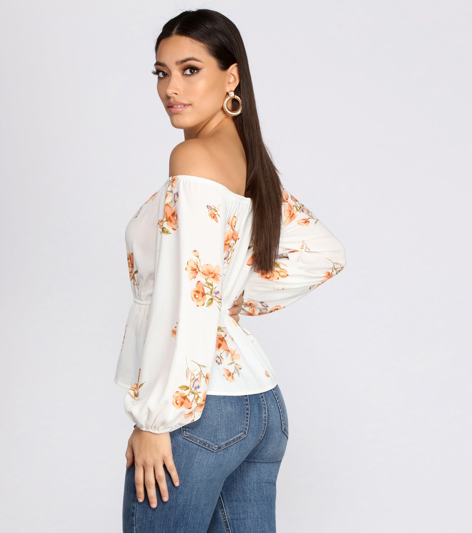 Light Olive Floral Plunging Neck Peplum Top main image 1