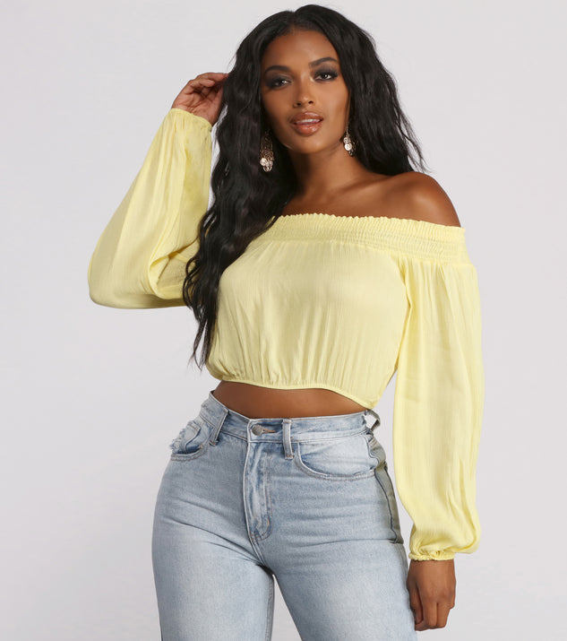 yellow smocked off the shoulder top