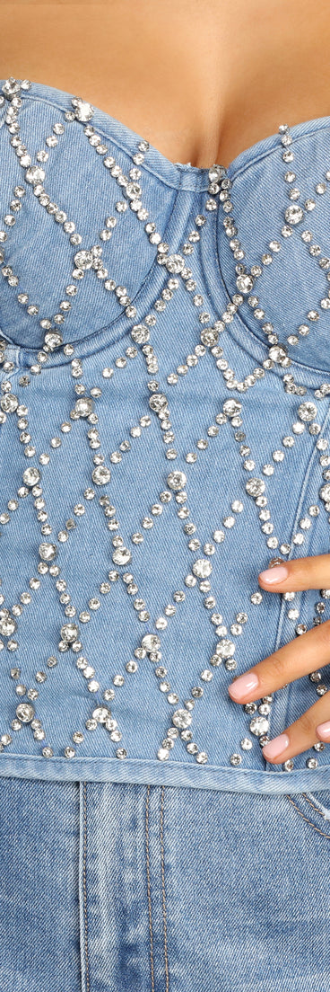Rhinestone Diva Denim Corset Top is a trendy pick to create 2023 festival outfits, festival dresses, outfits for concerts or raves, and complete your best party outfits!