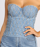 Rhinestone Diva Denim Corset Top is a trendy pick to create 2023 festival outfits, festival dresses, outfits for concerts or raves, and complete your best party outfits!