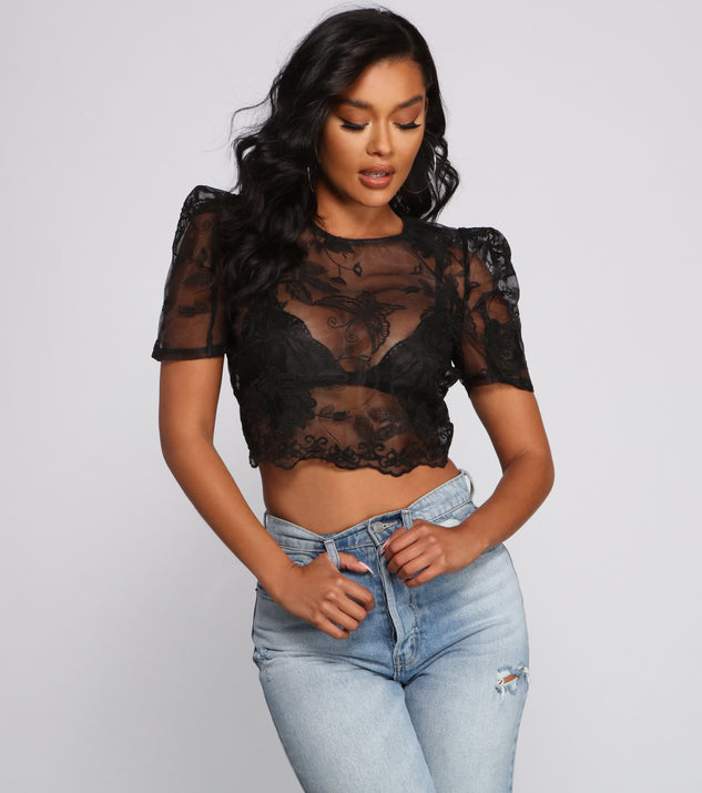 Dress up in Vintage Embroidered Lace Puff Sleeve Crop Top as your going-out dress for holiday parties, an outfit for NYE, party dress for a girls’ night out, or a going-out outfit for any seasonal event!