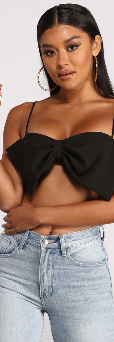Crepe Knit Spaghetti Strap Bow Crop Top helps create the best bachelorette party outfit or the bride's sultry bachelorette dress for a look that slays!