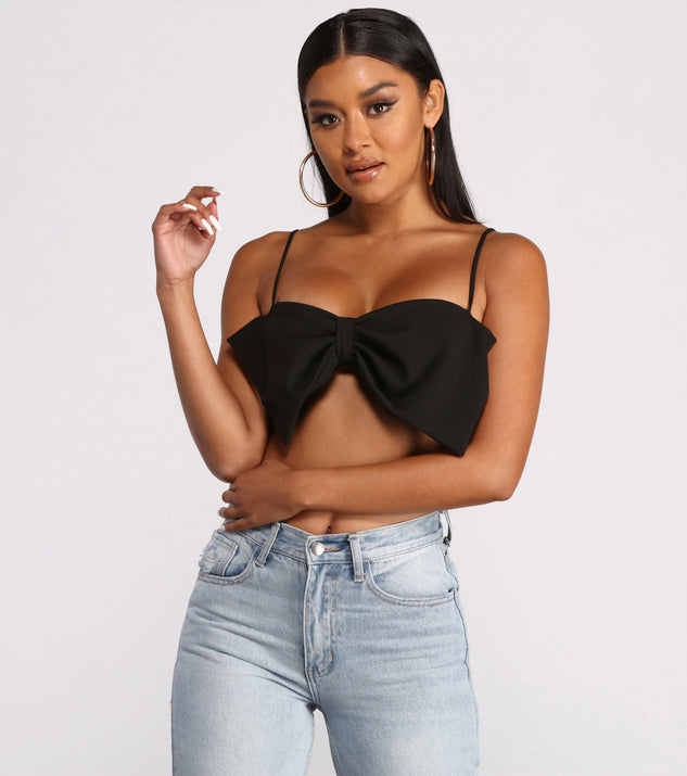 Crepe Knit Spaghetti Strap Bow Crop Top helps create the best bachelorette party outfit or the bride's sultry bachelorette dress for a look that slays!
