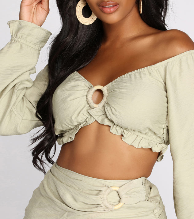 You’ll look stunning in the Endless Summer O-Ring Ruffle Hem Crop Top when paired with its matching separate to create a glam clothing set perfect for a New Year’s Eve Party Outfit or Holiday Outfit for any event!