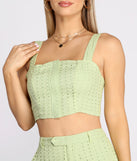 With fun and flirty details, Take A Cue Eyelet Crop Top shows off your unique style for a trendy outfit for the summer season!