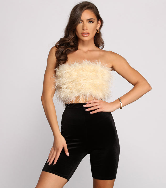 Dress up in So Extra Feathered Tube Top as your going-out dress for holiday parties, an outfit for NYE, party dress for a girls’ night out, or a going-out outfit for any seasonal event!