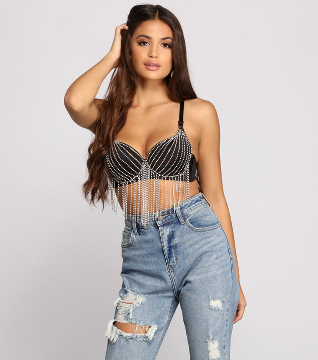 With fun and flirty details, Dazzle Diva Rhinestone Fringe Bra shows off your unique style for a trendy outfit for the summer season!