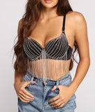 With fun and flirty details, Dazzle Diva Rhinestone Fringe Bra shows off your unique style for a trendy outfit for the summer season!