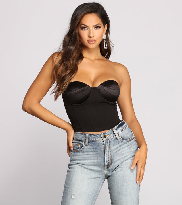 With fun and flirty details, Iconic Cropped Satin Bustier shows off your unique style for a trendy outfit for the summer season!