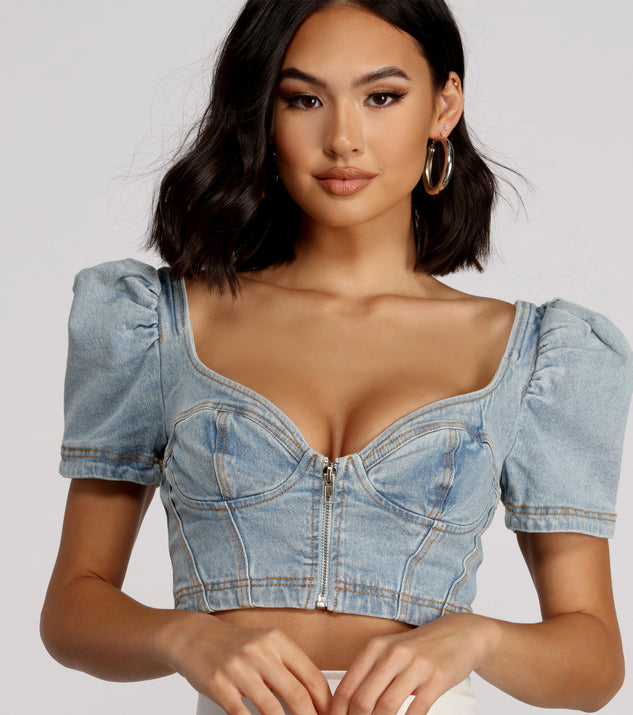 Good Vibes Cropped Denim Puff Sleeve Top is a trendy pick to create 2023 festival outfits, festival dresses, outfits for concerts or raves, and complete your best party outfits!