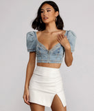 Good Vibes Cropped Denim Puff Sleeve Top is a trendy pick to create 2023 festival outfits, festival dresses, outfits for concerts or raves, and complete your best party outfits!