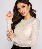 Glow On Iridescent Sequin Crop Top creates the perfect New Year’s Eve Outfit or new years dress with stylish details in the latest trends to ring in 2023!