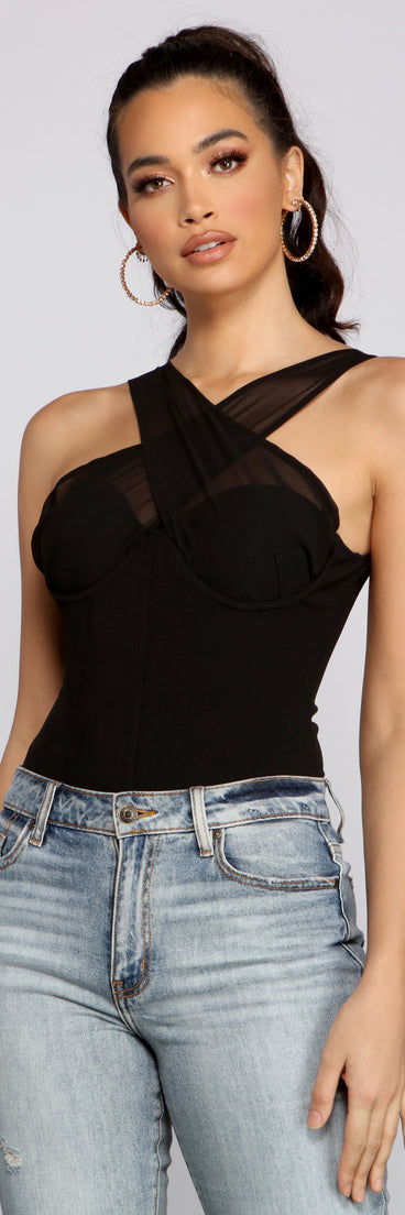 Chic Chiffon Cross Strap Bodysuit creates the perfect New Year’s Eve Outfit or new years dress with stylish details in the latest trends to ring in 2023!