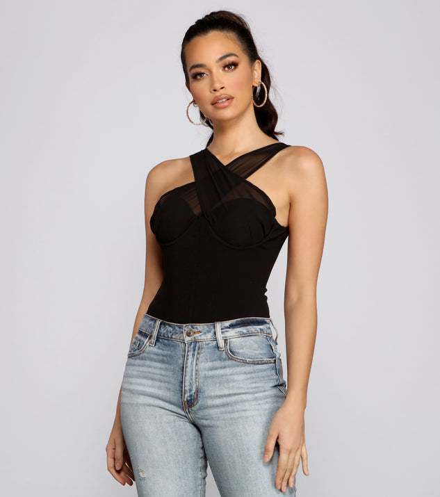 Chic Chiffon Cross Strap Bodysuit creates the perfect New Year’s Eve Outfit or new years dress with stylish details in the latest trends to ring in 2023!