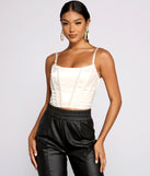 Satin Stunner Cropped Corset Top helps create the best bachelorette party outfit or the bride's sultry bachelorette dress for a look that slays!