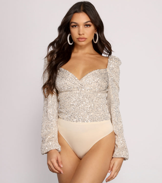 All that Glow Puff Sleeve Sequin Bodysuit