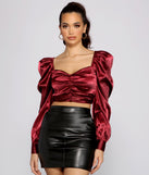 Dress up in Falling For You Puff Sleeve Satin Crop Top as your going-out dress for holiday parties, an outfit for NYE, party dress for a girls’ night out, or a going-out outfit for any seasonal event!