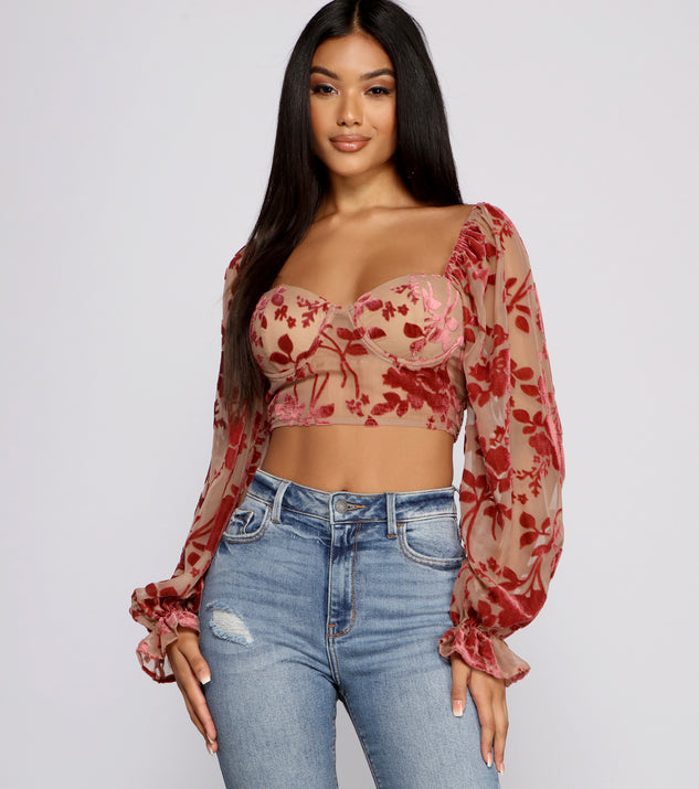 With fun and flirty details, Romantic Vibes Floral Burn Out Crop Top shows off your unique style for a trendy outfit for the summer season!