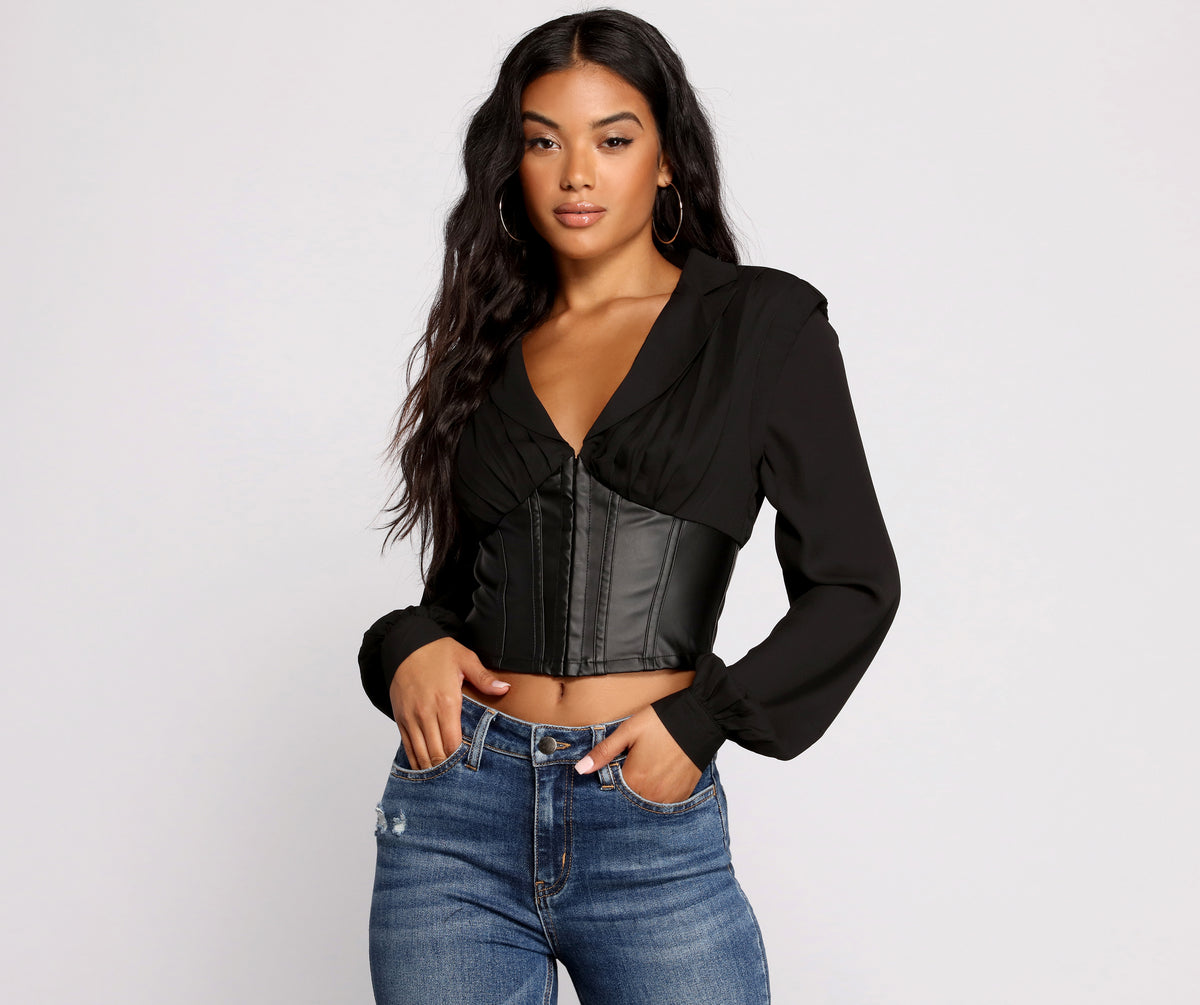 Windsor Stunning Satin and Faux Leather Corset Crop Top