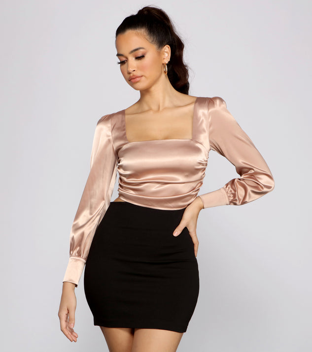 Dress up in Sleek Satin Puff Sleeve Crop Top as your going-out dress for holiday parties, an outfit for NYE, party dress for a girls’ night out, or a going-out outfit for any seasonal event!