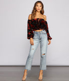 With fun and flirty details, Floral Burnout Off The Shoulder Crop Top shows off your unique style for a trendy outfit for the summer season!