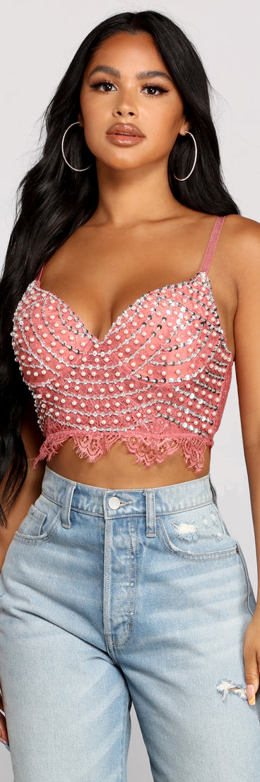 Dress up in Chic Beaded Lace Cropped Bustier as your going-out dress for holiday parties, an outfit for NYE, party dress for a girls’ night out, or a going-out outfit for any seasonal event!