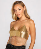 Chain Mail Fringe Rhinestone Crop Top is a trendy pick to create 2023 festival outfits, festival dresses, outfits for concerts or raves, and complete your best party outfits!