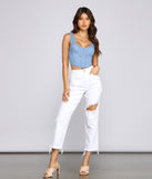 With fun and flirty details, Girl Next Door Denim Corset Top shows off your unique style for a trendy outfit for the summer season!