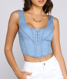 With fun and flirty details, Girl Next Door Denim Corset Top shows off your unique style for a trendy outfit for the summer season!
