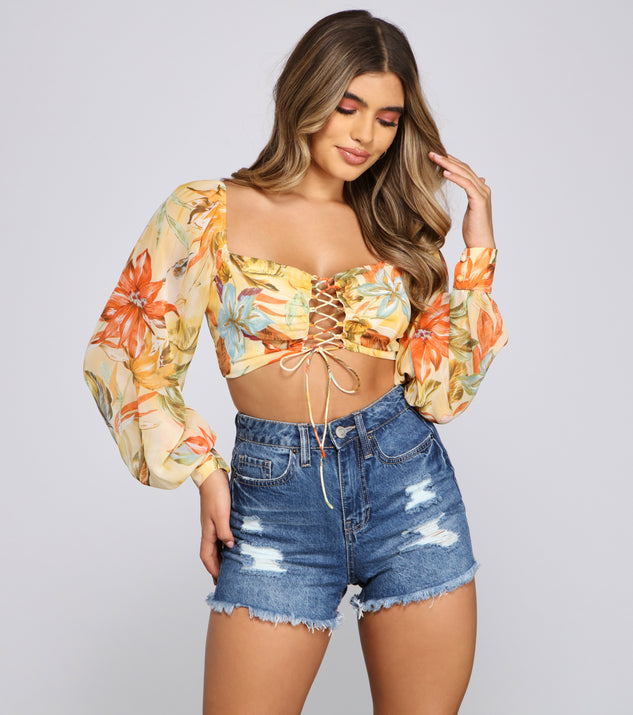 With fun and flirty details, Tropical Vibes Lace-Up Crop Top shows off your unique style for a trendy outfit for the summer season!