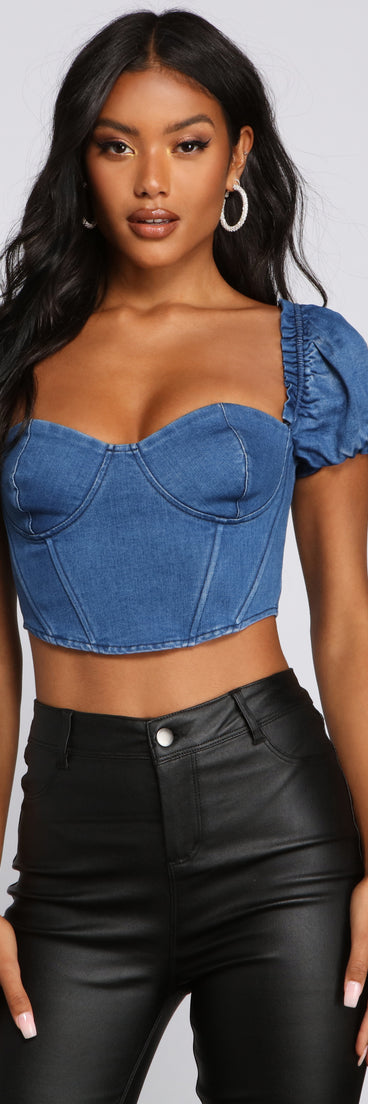 Dress up in Fab And Chic Denim Puff Sleeve Bustier as your going-out dress for holiday parties, an outfit for NYE, party dress for a girls’ night out, or a going-out outfit for any seasonal event!