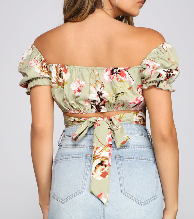 Sweet Dreams Puff Sleeve Bow Detail Crop Top Blue