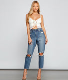 With fun and flirty details, Dainty Glam Lace Up Crop Top shows off your unique style for a trendy outfit for the summer season!
