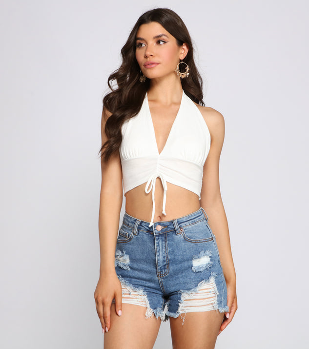 With fun and flirty details, Cinched And Chic Cropped Halter Top shows off your unique style for a trendy outfit for the summer season!