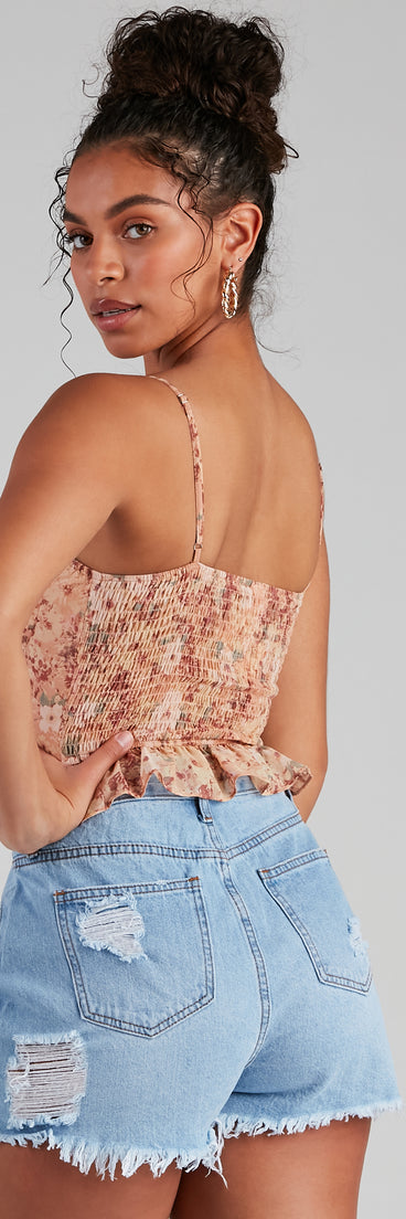 With fun and flirty details, Floral Retreat Chiffon Peplum Tank Top shows off your unique style for a trendy outfit for the summer season!