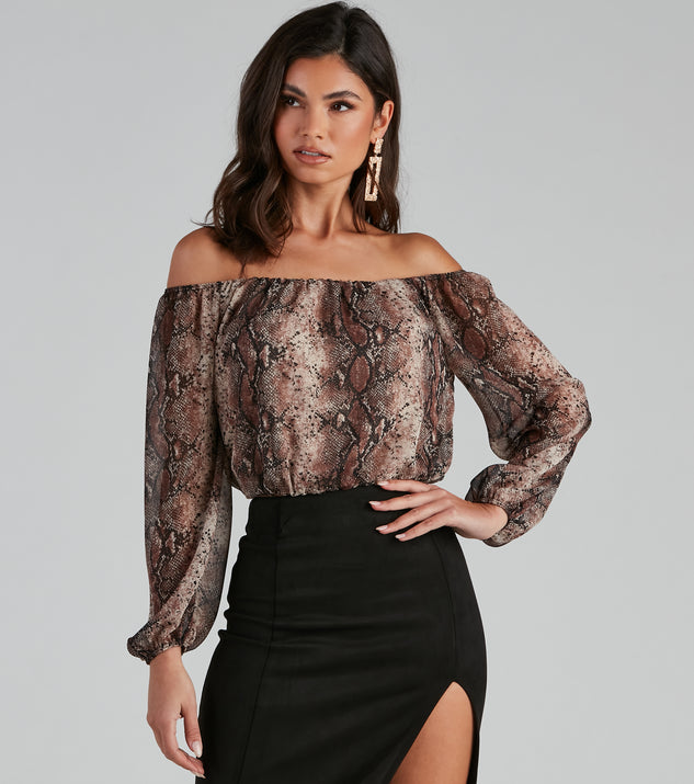 Chic Viper Chiffon Off-The-Shoulder Top creates the perfect New Year’s Eve Outfit or new years dress with stylish details in the latest trends to ring in 2023!
