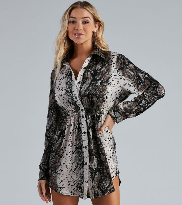 The trendy Slithering Good Satin Button-Up Tunic is the perfect pick to create a holiday outfit, new years attire, cocktail outfit, or party look for any seasonal event!