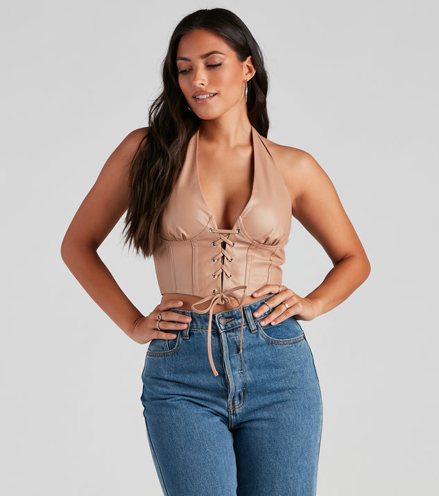Made To Be Seen PU Halter Crop Top is a trendy pick to create 2023 festival outfits, festival dresses, outfits for concerts or raves, and complete your best party outfits!