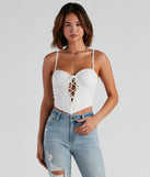 Sultry Deets Lace-Up Corset Top is a trendy pick to create 2024 concert outfits, festival dresses, outfits for raves, or to complete your best party outfits or clubwear!