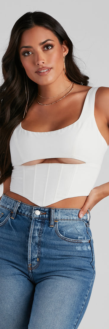 Dress up in Corset With The Program Crop Top as your going-out dress for holiday parties, an outfit for NYE, party dress for a girls’ night out, or a going-out outfit for any seasonal event!