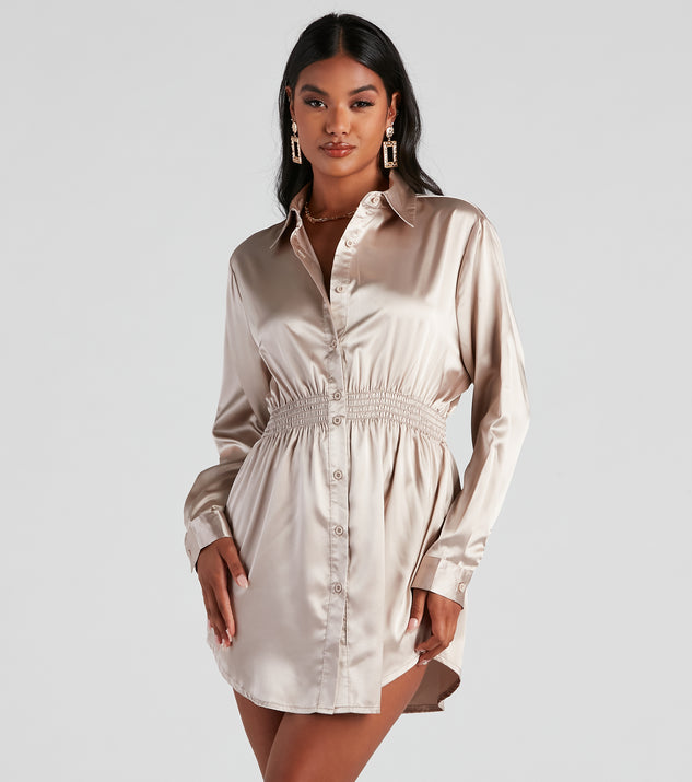 Dress up in Fall Nights Satin Button-Up Short Dress as your going-out dress for holiday parties, an outfit for NYE, party dress for a girls’ night out, or a going-out outfit for any seasonal event!